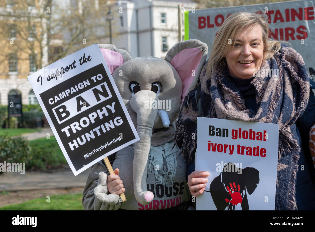 Protest march taking place in London demonstrating against the threat of extinction of wildlife and highlighting the act of trophy hunting in particular of elephants and rhinos. It is part of the 5th global march for elephants and rhinos and is timed to take place before a conference in Sri Lanka calling to uplist elephants to Appendix I Stock Photo