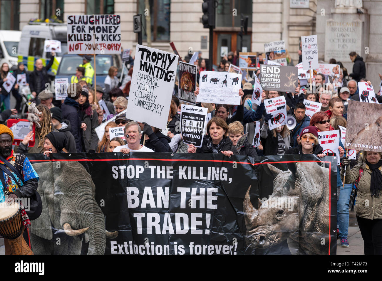 Protest march taking place in London demonstrating against the threat of extinction of wildlife and highlighting the act of trophy hunting in particular of elephants and rhinos. It is part of the 5th global march for elephants and rhinos and is timed to take place before a conference in Sri Lanka calling to uplist elephants to Appendix I Stock Photo