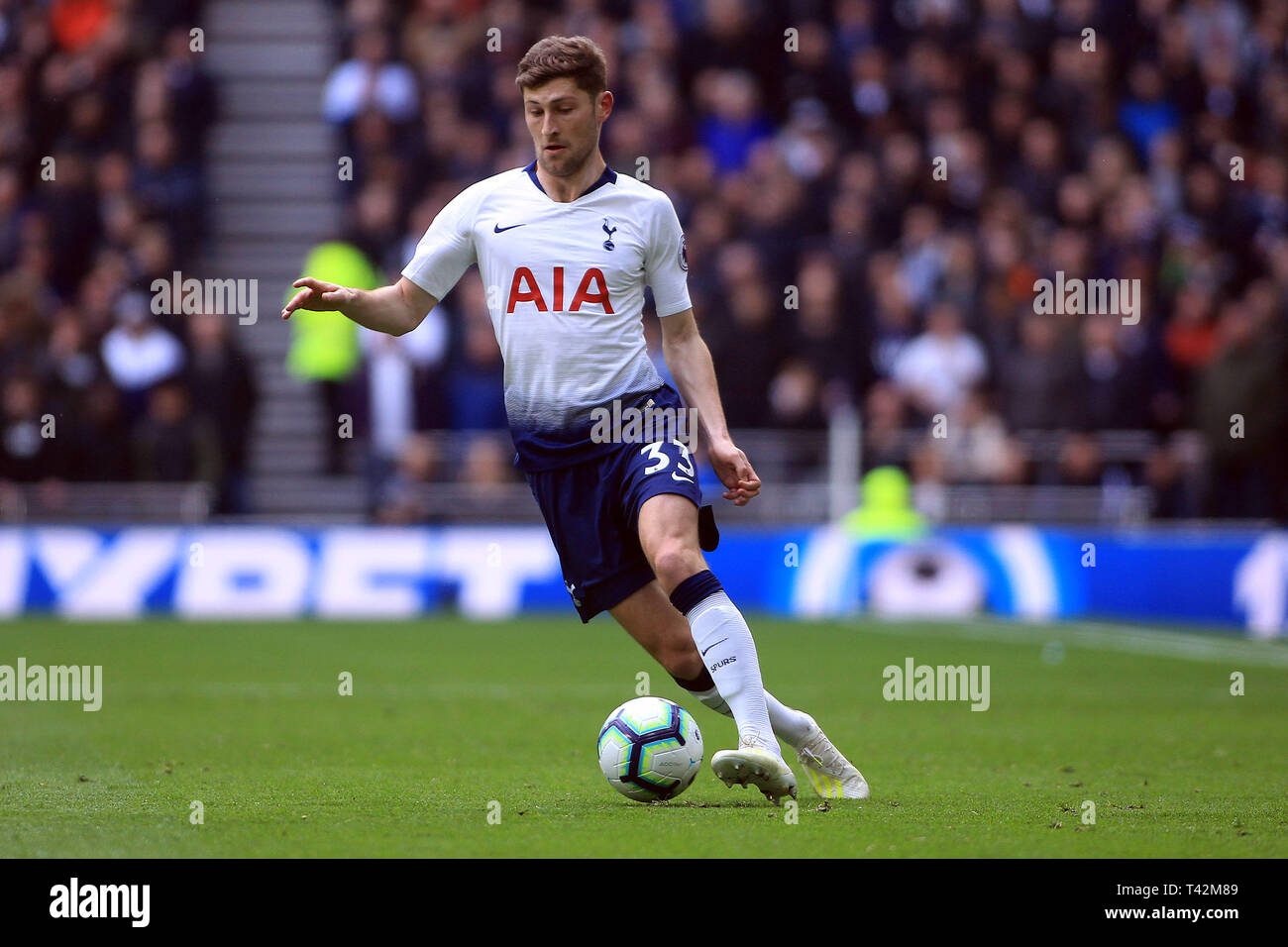 London, UK. 13th April 2019. Ben Davies of Tottenham Hotspur in action. Premier league match,Tottenham Hotspur v Huddersfield Town at The Tottenham Hotspur Stadium in London on Saturday 13th April 2019. this image may only be used for Editorial purposes. Editorial use only, license required for commercial use. No use in betting, games or a single club/league/player publications . pic by Steffan Bowen/Andrew Orchard sports photography/Alamy Live news Stock Photo
