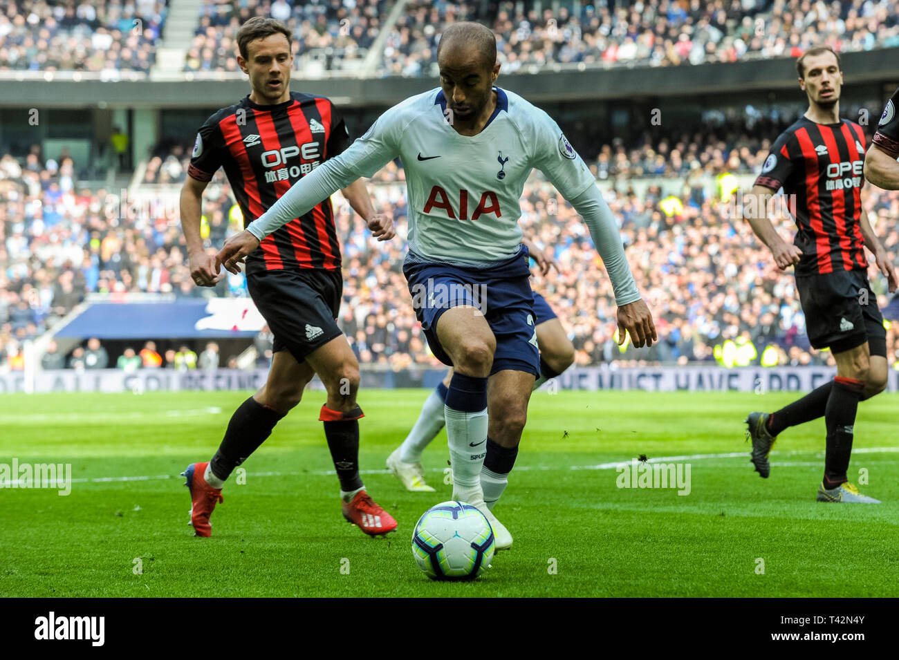 London, UK. 13th April 2019. Lucas of Tottenham Hotspur during the Premier League match between Tottenham Hotspur and Huddersfield Town at Tottenham Hotspur Stadium, London, England on 13 April 2019. Photo by Adamo Di Loreto.  Editorial use only, license required for commercial use. No use in betting, games or a single club/league/player publications. Credit: UK Sports Pics Ltd/Alamy Live News Stock Photo