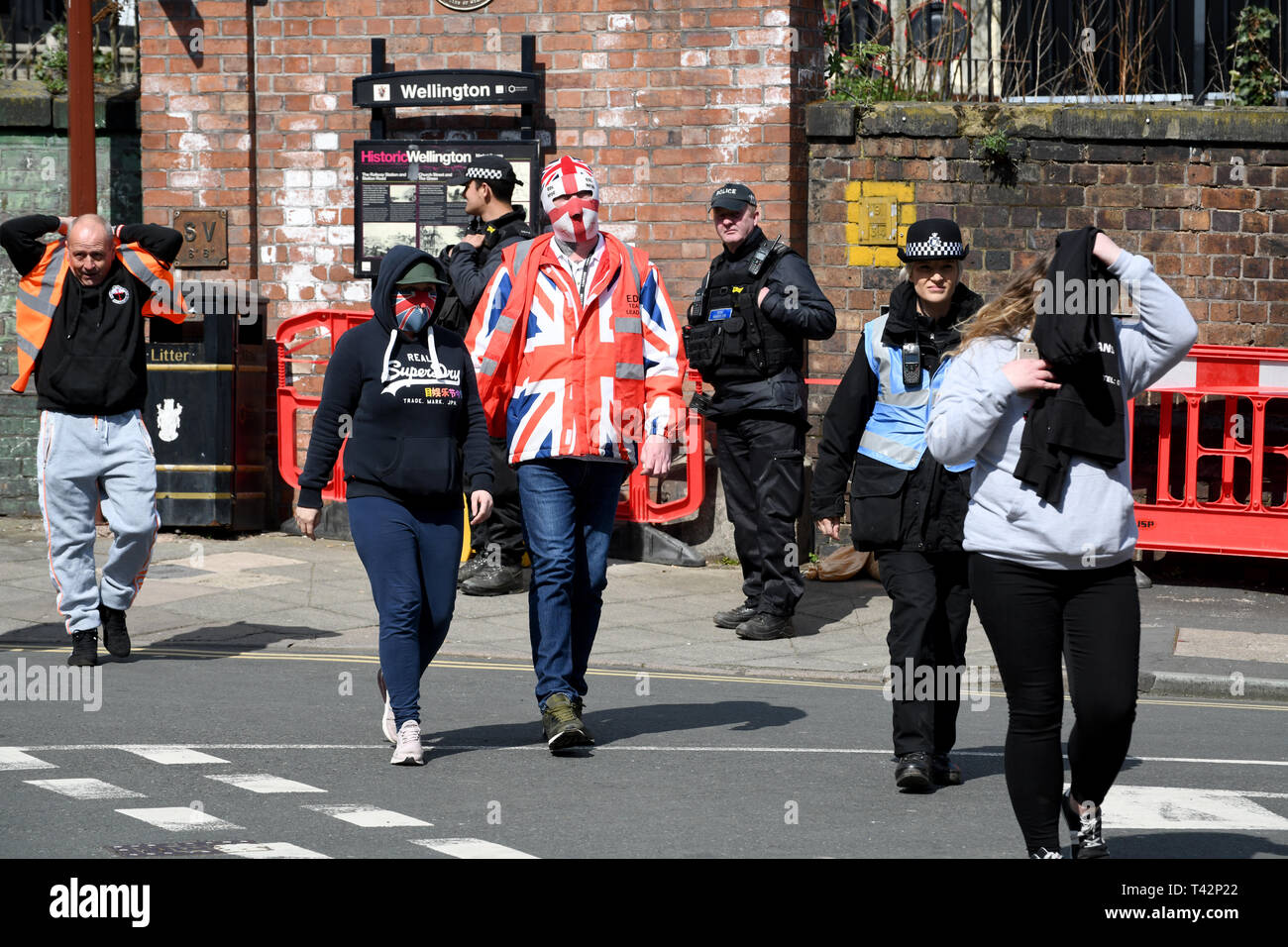 Wellington, Telford, Shropshire, UK, 13th April 2019. English Defence League protestors marching in Wellington, Shropshire. The EDL march was rearranged because last months New Zealand terrorist attack. Credit: David Bagnall/Alamy Live News Stock Photo