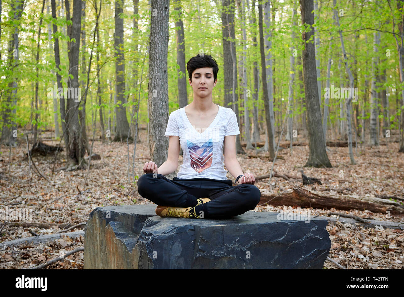 A Woman sits meditating on a rock in a wood, Canada Stock Photo