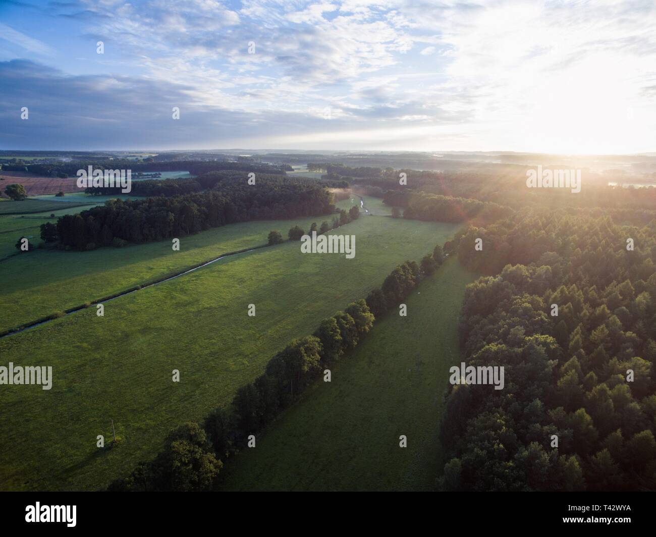 Aerial view of a beautiful sunset over forest landscape with green ...