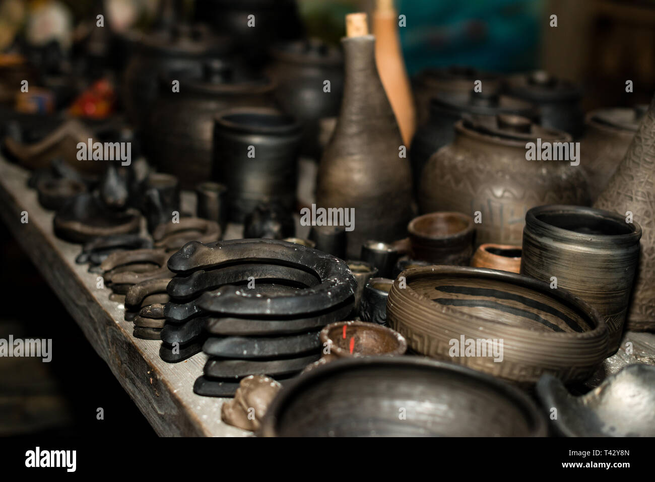 Burnt black ceramics. Burnt clay pots and plates, dishes Image Stock Photo Alamy
