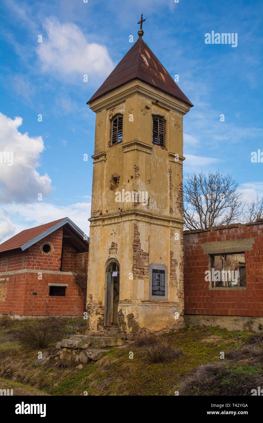 Donje Kusonje, Croatia - January 2nd 2019. A chapel in Donje Kusonje abandoned village in Virovitica-Podravina County, Slavonia, eastern Croatia. A pl Stock Photo