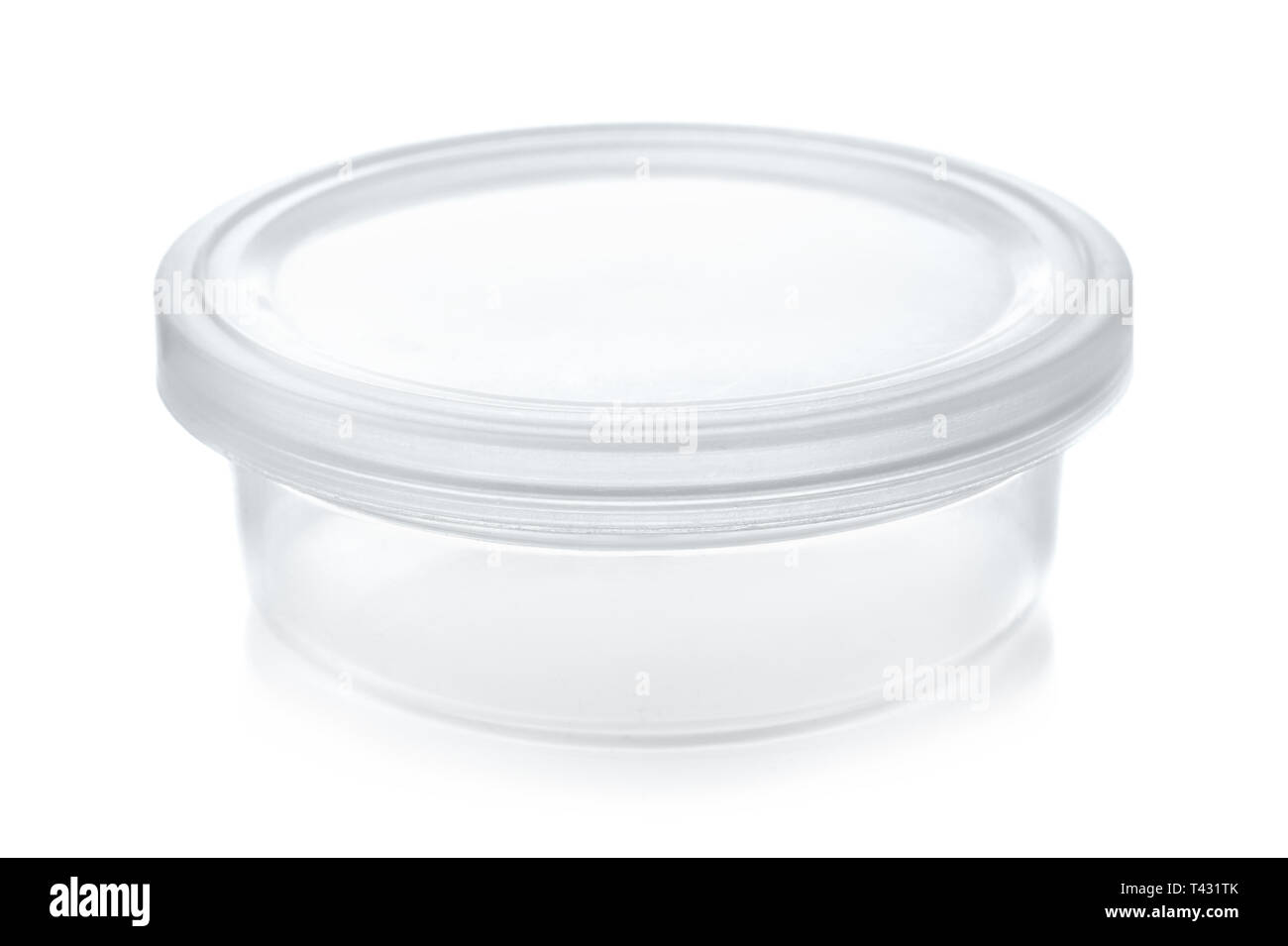 Small transparent round plastic container isolated on white Stock