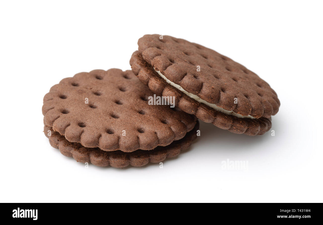 Chocolate sandwich biscuits isolated on white Stock Photo Alamy