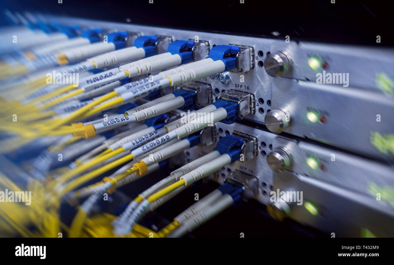 Optical switch and colorfull FC cables connected. Datacenter. Close up