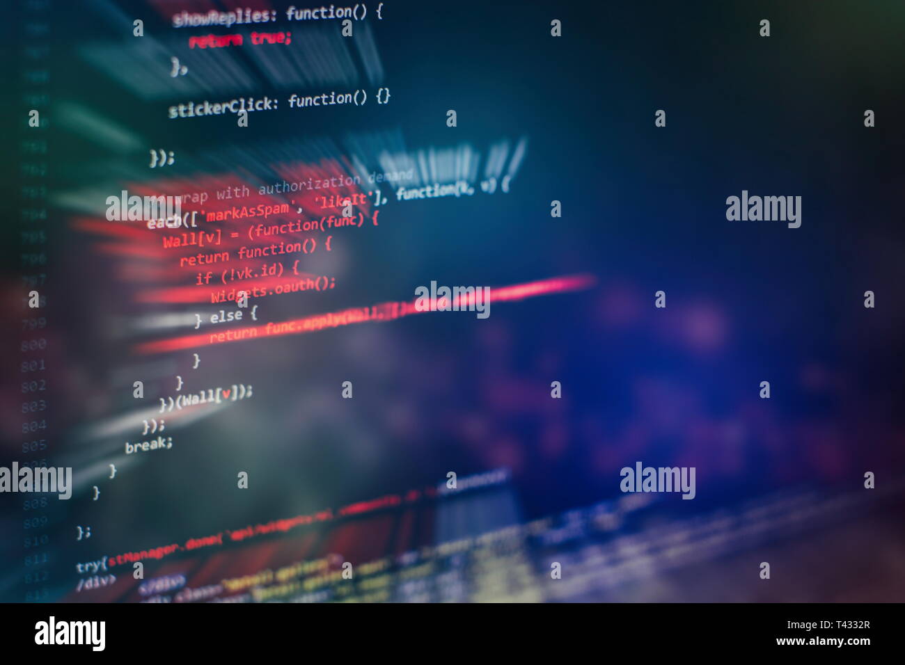 Running Computer data / WWW programming. Coding script text on screen. Notebook closeup photo. Stock Photo