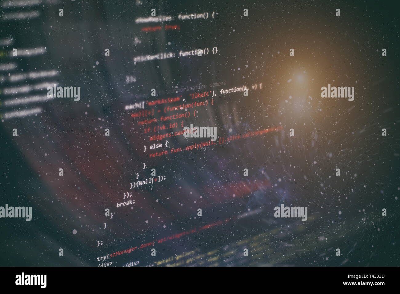 Running Computer data / WWW programming. Coding script text on screen. Notebook closeup photo. Stock Photo