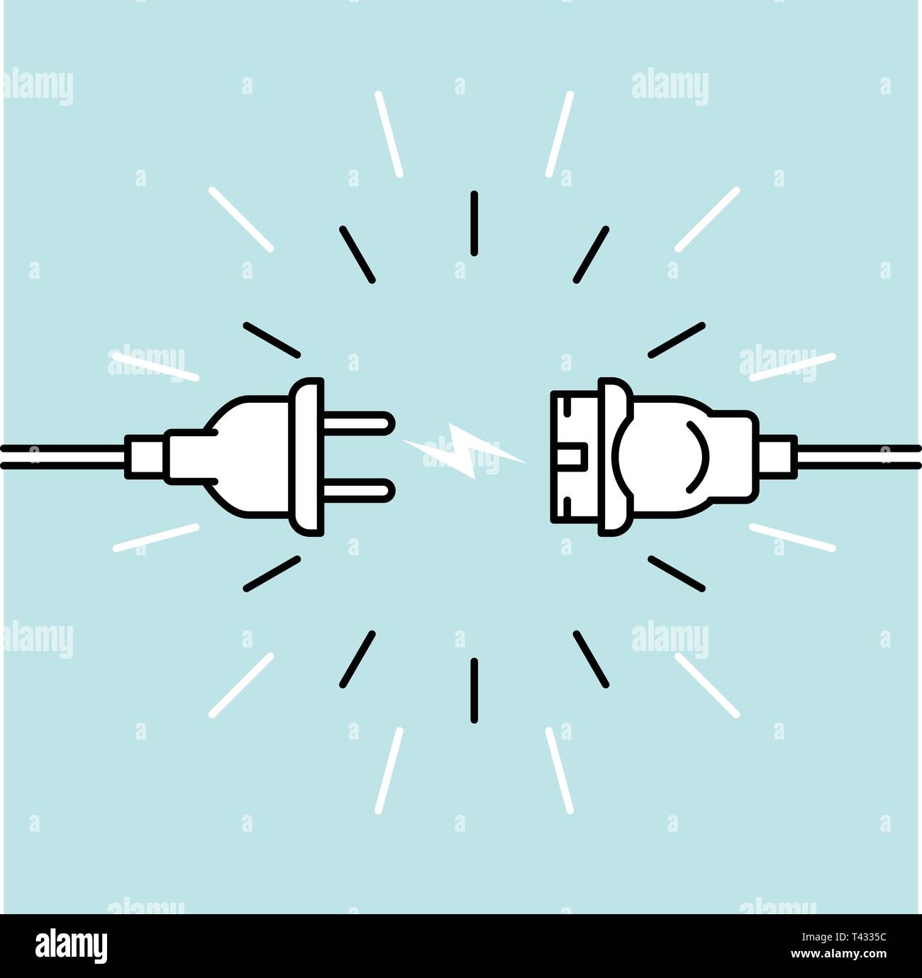 Unplugged electric plug and socket  - 404 error, disconnection, loss of connect, bond opening Stock Vector