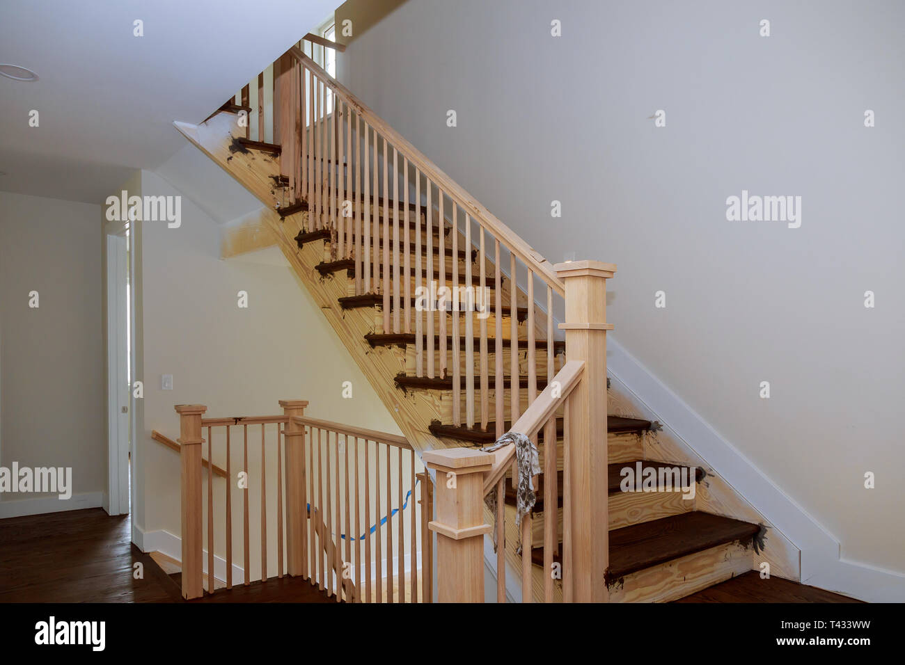 Stairs Handrails Renovation Installation Of Wood Stairs Wizard For Wooden Railing For Stairs Stock Photo Alamy
