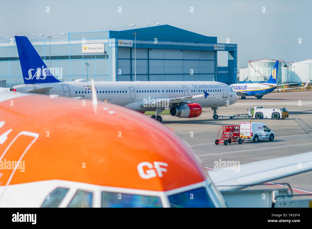 Close up of a Easyjet Airbus plane ready for passengers at Manchester Airport - Daylight 2019 Stock Photo