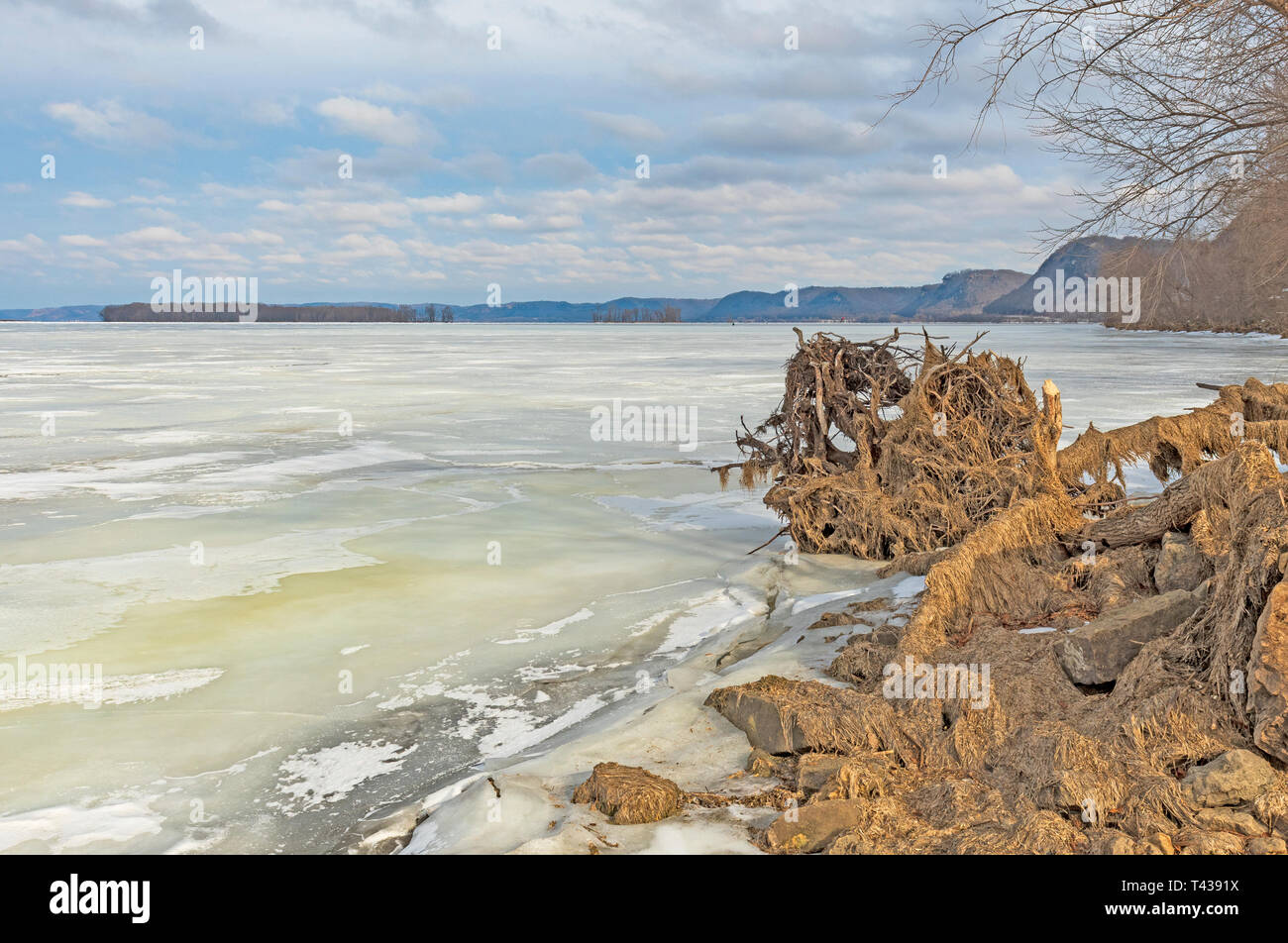 Shore View along the Frozen Mississippi River in Winter near Lynxville, Wisconsin Stock Photo