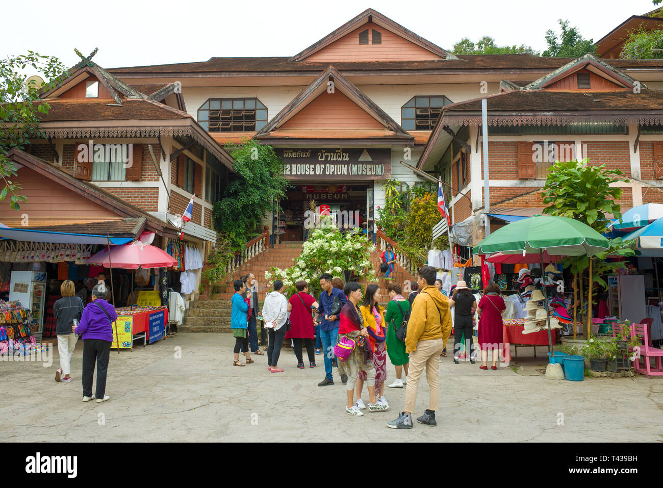 CHIANG SAEN, THAILAND - DECEMBER 18, 2018: Tourists at the museum 'House of Opium' in the cloudy morning Stock Photo
