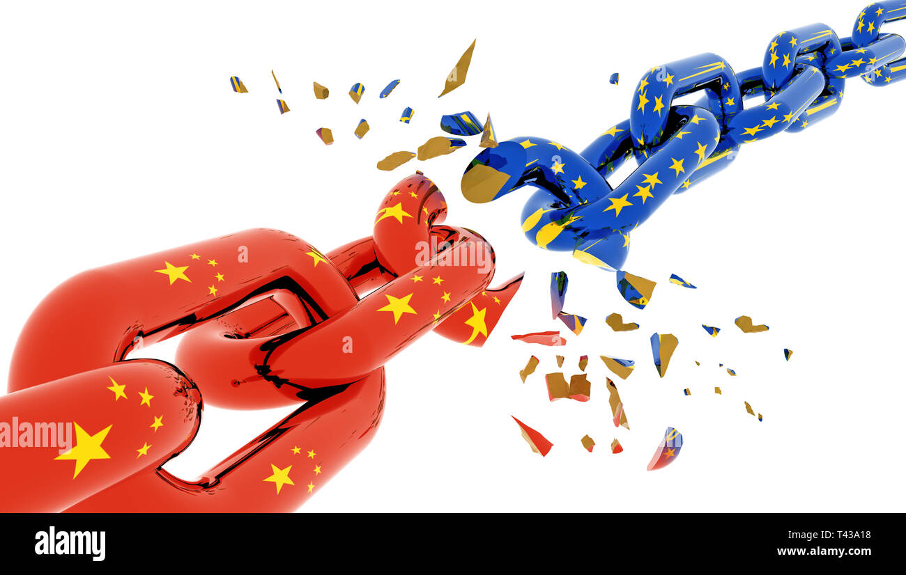 china europe european crisis and flag chain break suttered in peaces - 3d rendering Stock Photo