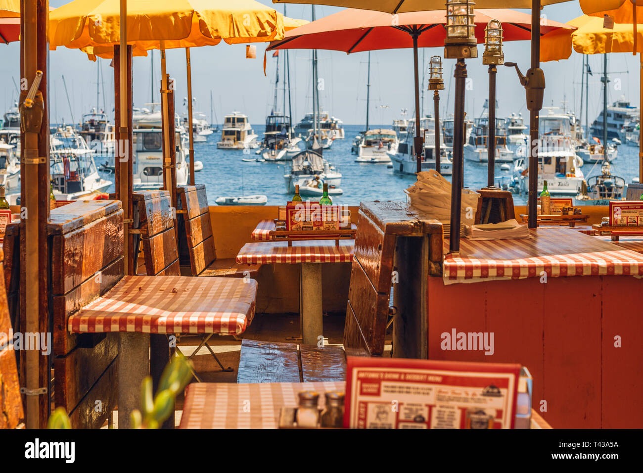 Restaurant with Ocean View. Avalon, Catalina Island, June 29, 2017 Stock Photo