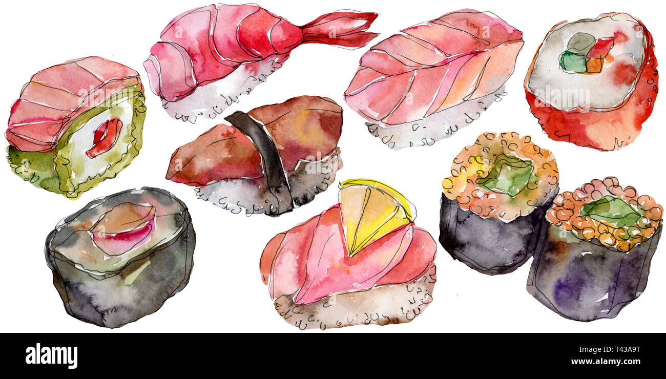 Watercolor sushi set of beautiful tasty japanese food illustration. Hand  drawn objects isolated on white background Stock Photo - Alamy