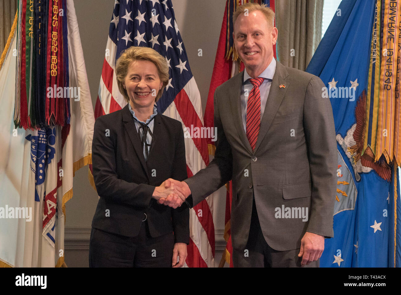 U.S. Acting Secretary of Defense Patrick M. Shanahan hosts German Defense Minister Ursula von der Leyen, at the Pentagon, Washington, D.C., April 12, 2019. (DoD photo by Lisa Ferdinando) Stock Photo