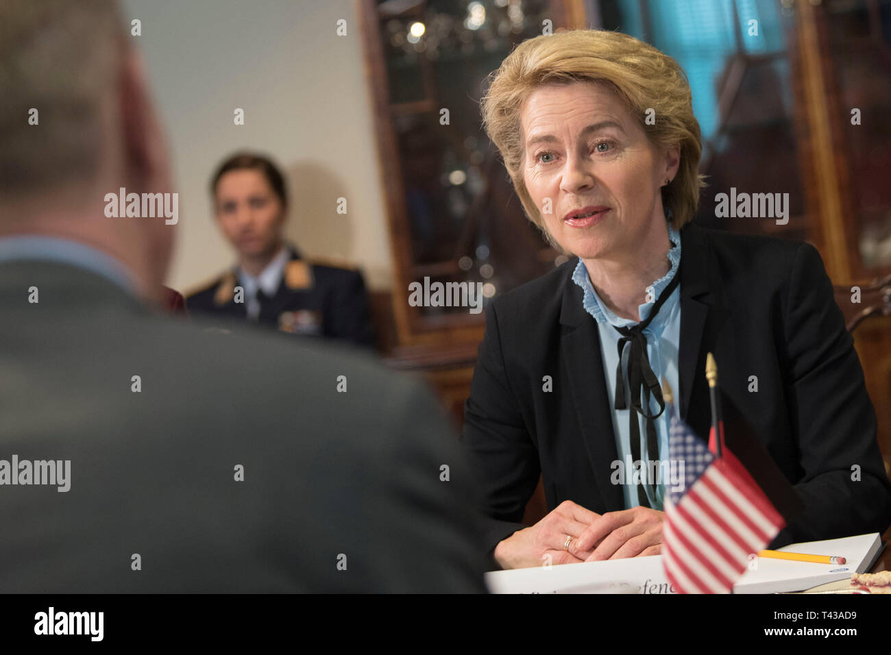 U.S. Acting Secretary of Defense Patrick M. Shanahan hosts German Defense Minister Ursula von der Leyen, at the Pentagon, Washington, D.C., April 12, 2019. (DoD photo by Lisa Ferdinando) Stock Photo