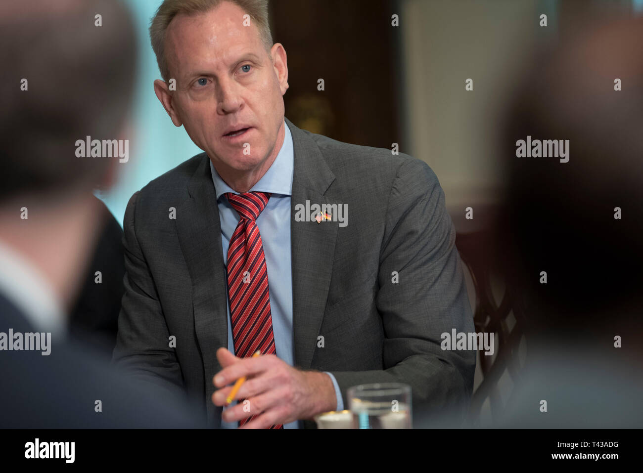 U.S. Acting Secretary of Defense Patrick M. Shanahan hosts German Defense Minister Ursula von der Leyen, at the Pentagon, Washington, D.C., April 12, 2019. (DoD photo by Lisa Ferdinando) Stock Photo