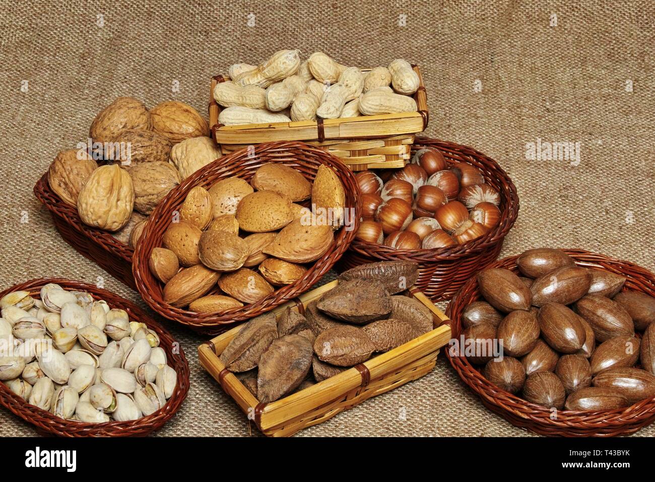 small baskets filled with various types of edible seeds in  shell Stock Photo
