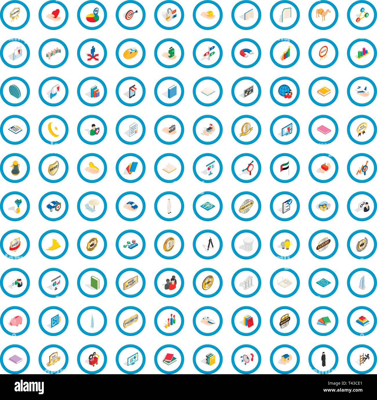 100 success icons set, isometric 3d style Stock Vector