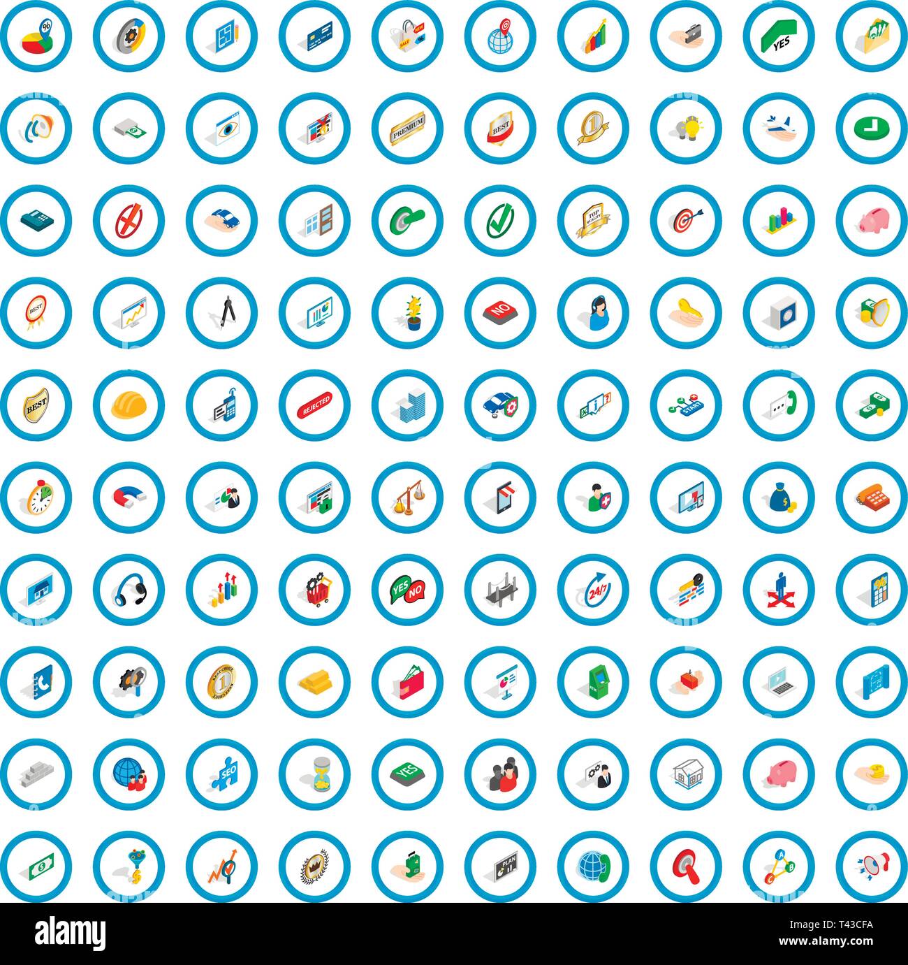100 successful icons set, isometric 3d style Stock Vector