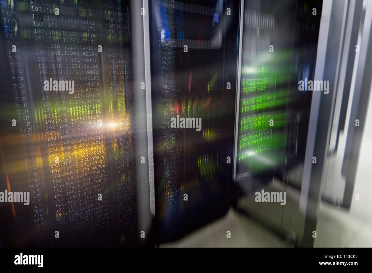 Web network, internet telecommunication technology, big data storage, cloud computing computer service business concept: server room interior in datac Stock Photo