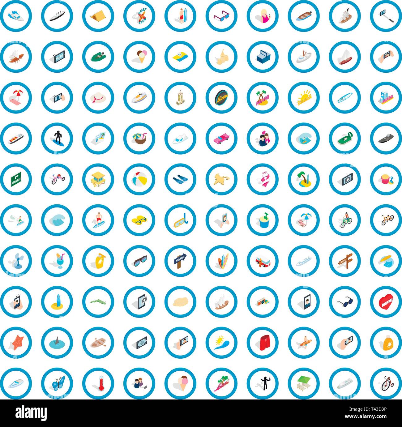 100 summer icons set, isometric 3d style Stock Vector