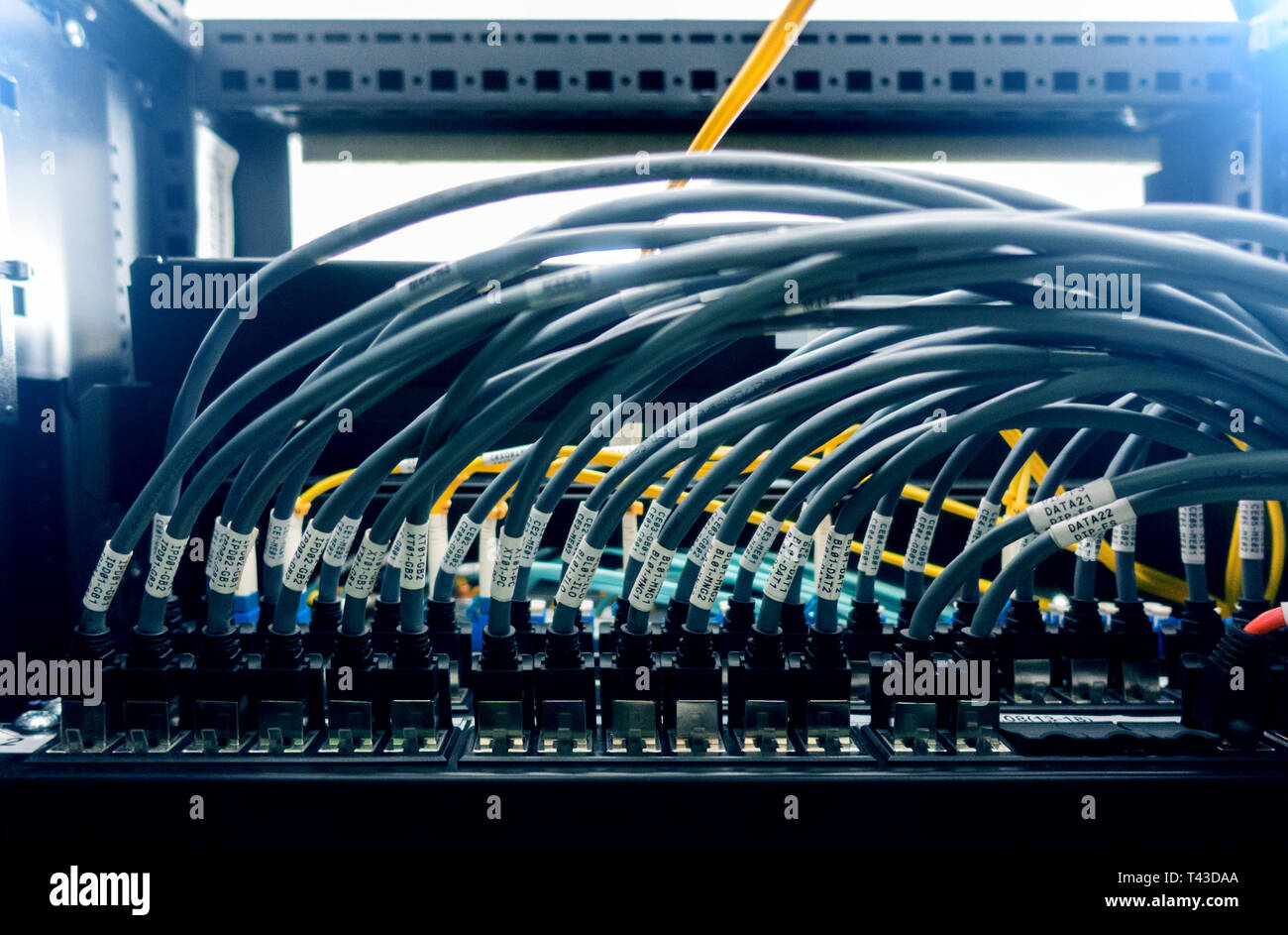 Rack Mounted Servers In A Server Room, Server rack audio cable. Severs