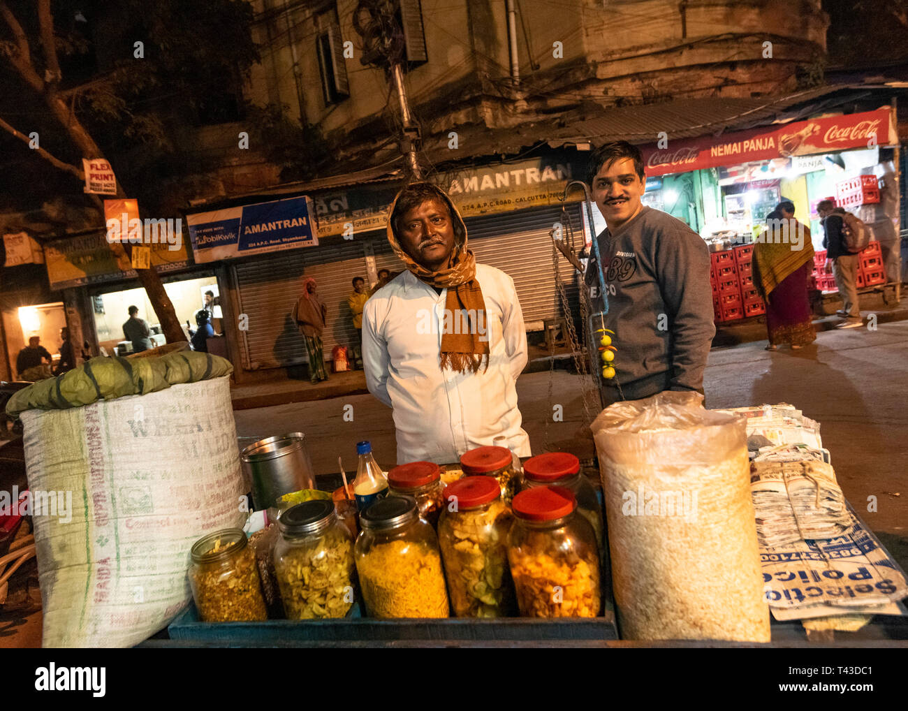 Horizontal view of streetfood for sale in Kolkata aka Calcutta, India. Stock Photo