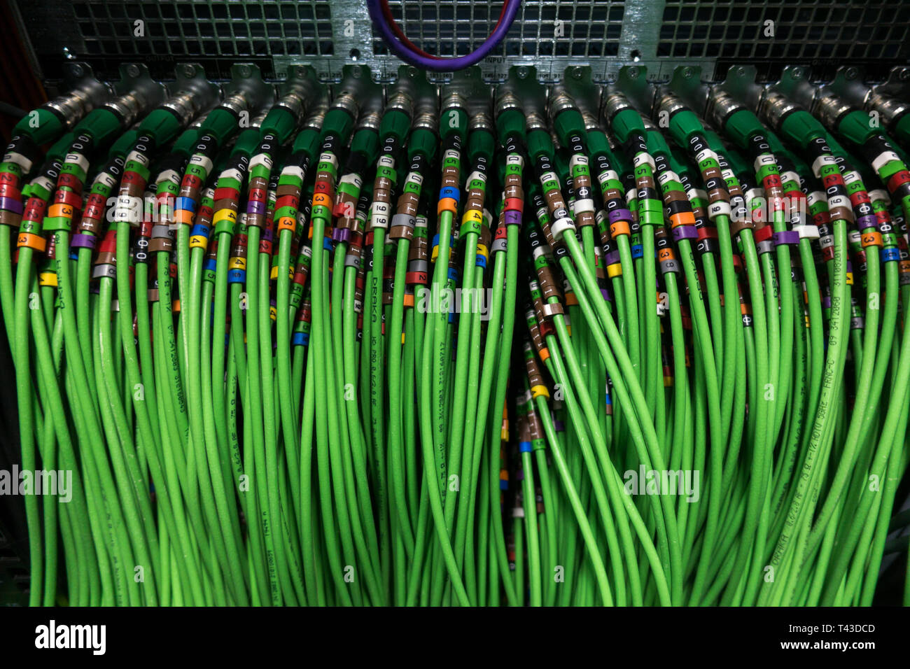 Acoustic audio cable server. Green audio cable. Many acoustic cables