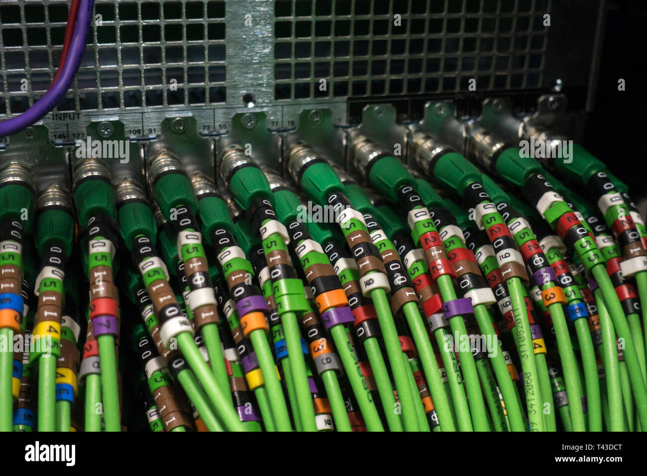 Acoustic audio cable server. Green audio cable. Many acoustic cables