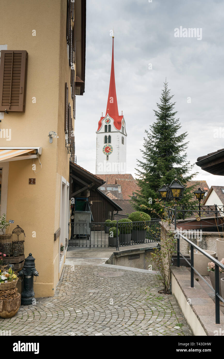 horizontal view of the historic medieval old town of Bremgarten in the Swiss canton of Aargau Stock Photo