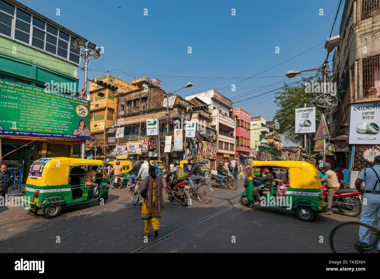 Horizontal typical streetview in Kolkata aka Calcutta, India. Stock Photo