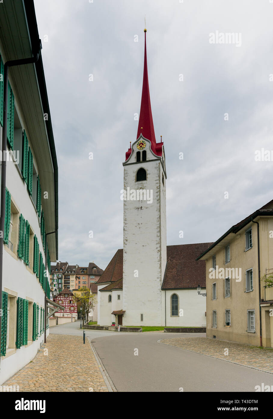 horizontal view of the historic medieval old town of Bremgarten in the Swiss canton of Aargau Stock Photo