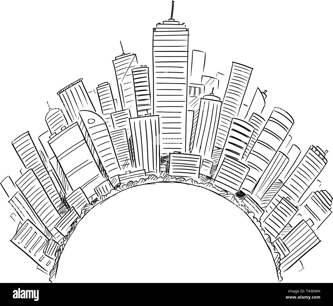 Vector drawing of high rise modern buildings covering half globe or circle as representation of global civilization or business. Concept of financial sector and global economics. Stock Vector