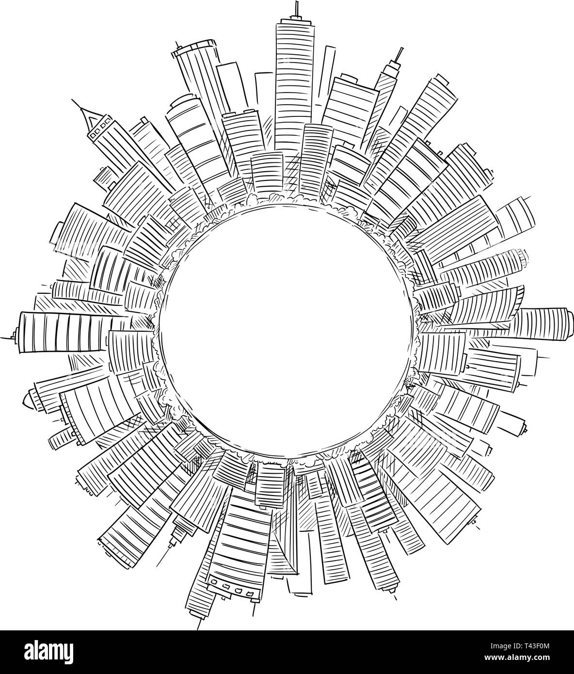 Vector drawing of high rise modern buildings covering globe or circle as representation of global civilization or business. Concept of financial sector and global economics. Stock Vector