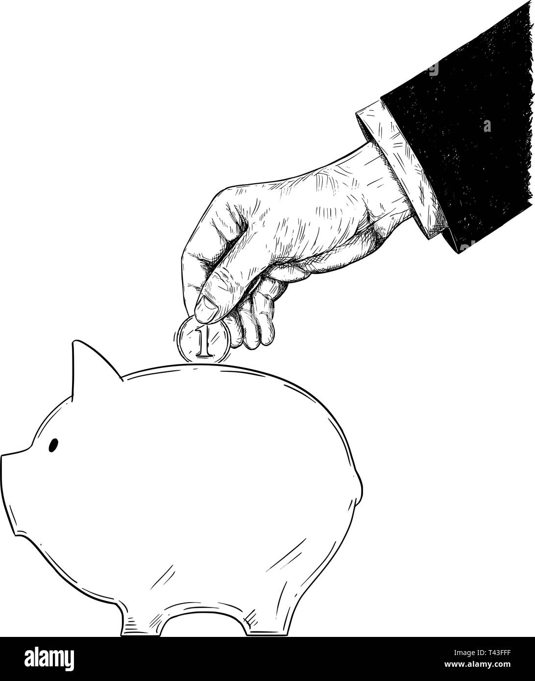 Vector black and white drawing of hand of businessman in suit putting coin in piggy bank. Metaphor of corporate investment and finance. Stock Vector