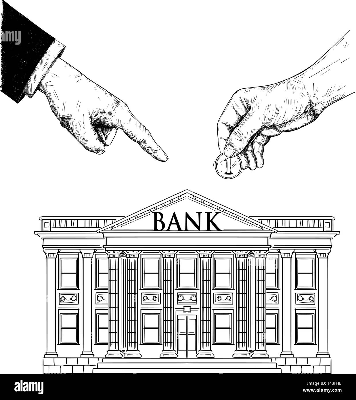 Vector black and white drawing of hand of politician or businessman is ordering or advising an ordinary person to put coin representing savings in bank. Metaphor of investment and finance. Stock Vector