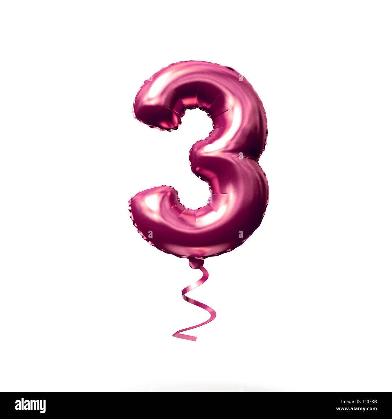 Number 3 rose gold helium balloon isolated on a white background. 3D ...