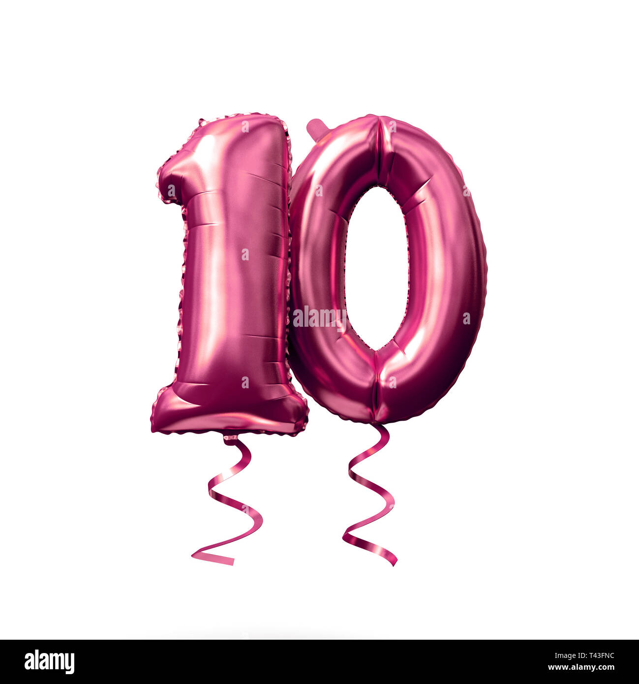 Number 10 rose gold helium balloon isolated on a white background. 3D Render Stock Photo