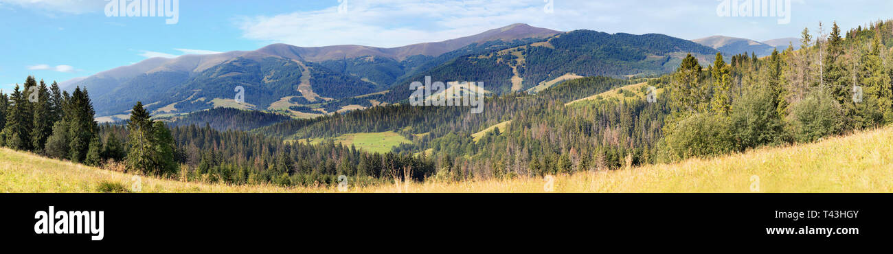 A beautiful panorama of the Carpathian mountains in the summer in the rays of the morning sun. A view of Mount Gumba, which is located near the town o Stock Photo