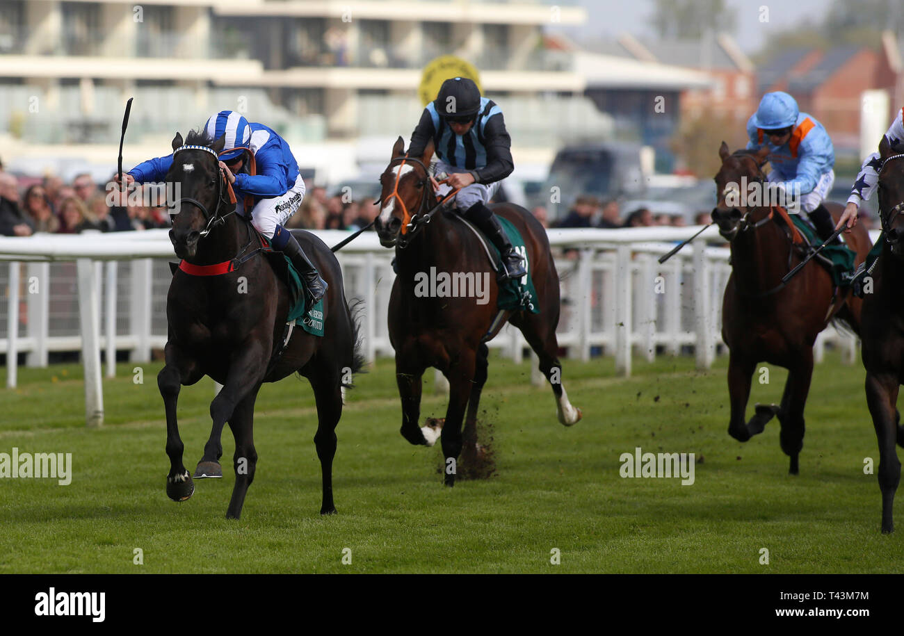 Mohaather and Jim Crowley win The Watership Down Stud Greenham Stakes Race run during day two of the Dubai Duty Free Spring Trials Weekend at Newbury Racecourse. Stock Photo