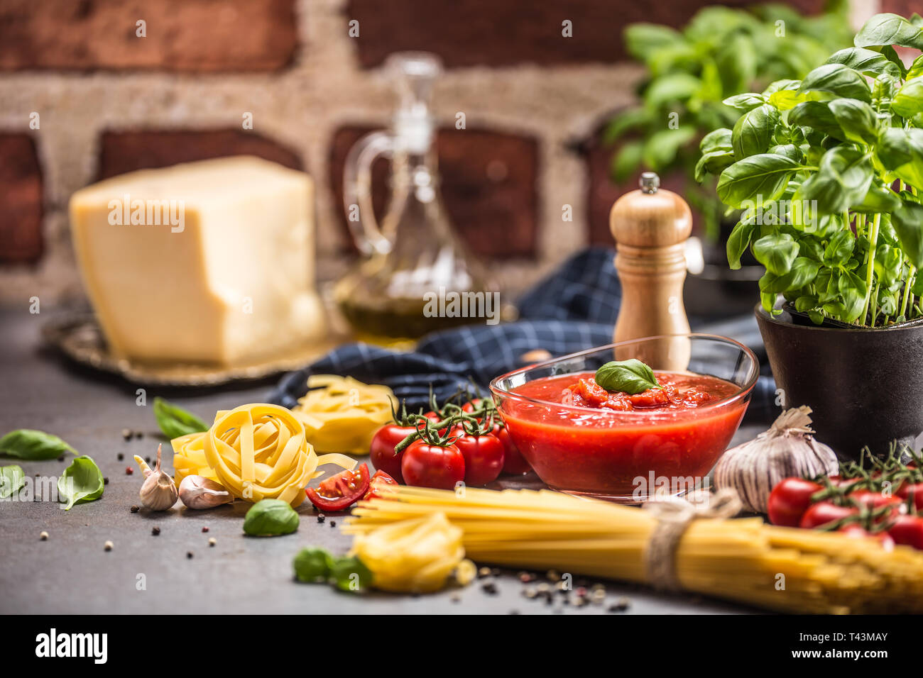 Tomato sauce tomatoes basil pasta spaghetti olive oil and parmesan. Stock Photo