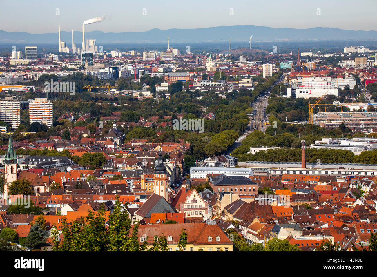 View over Karlsruhe, inner city, residential skyscrapers, behind the Rheinhafen steam power plant Karlsruhe, Stock Photo