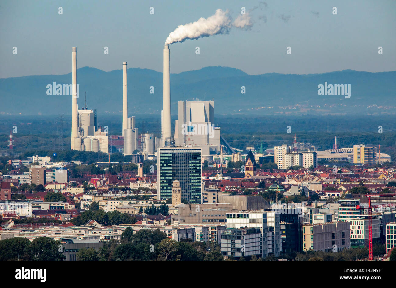 View over Karlsruhe, inner city, residential skyscrapers, behind the Rheinhafen steam power plant Karlsruhe, EnBW Energie, Stock Photo