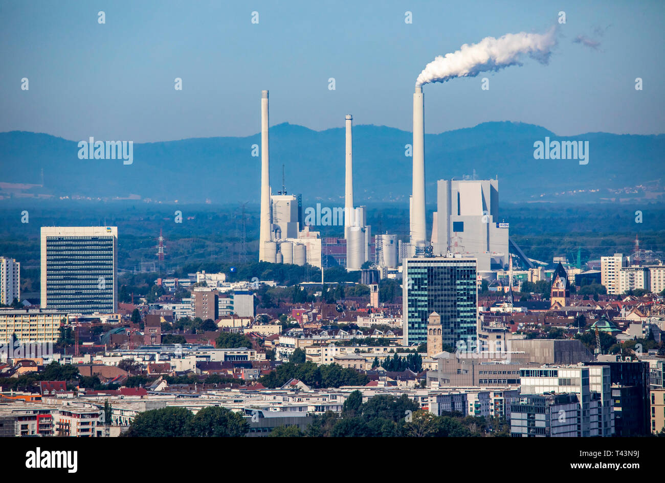 View over Karlsruhe, inner city, residential skyscrapers, behind the Rheinhafen steam power plant Karlsruhe, EnBW Energie, Stock Photo