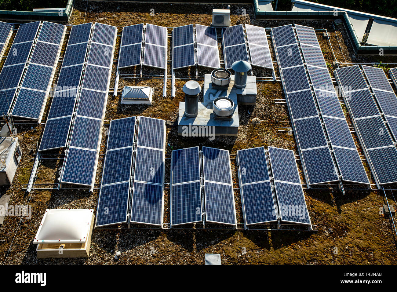 Solar systems, photovoltaic modules, on a flat roof, solar energy, Stock Photo